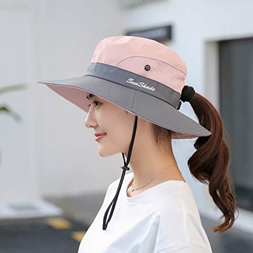 Womens Sun-Hat Outdoor Protection Foldable Beach-Bucket-Hat Ponytail-Hole - color: Pink
