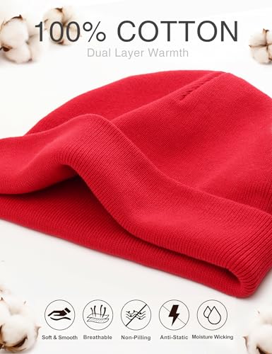 ROYBENS 100% Cotton No Cuff Beanie Hat Men Women, Fisherman Skull Cap - color: Red