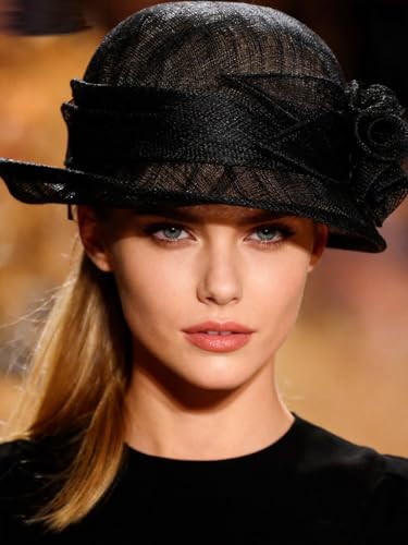 HIMESPORT Retro Sinamay Veil Flower Bride Wedding Fascinator Hat Feather Bowler Hat Hair Accessory Banquet Cocktail Party - color: Black