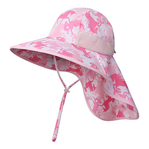 icolor Kids Sun Hat UPF50+ Sun Protection Bucket Hat Toddler Summer Beach Play Hats with Neck Flap for Girl Boy Ages 3~10 - color: Pinkhorse