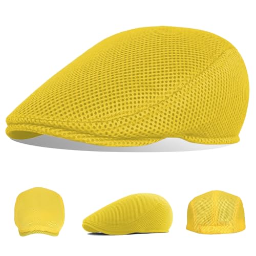 meioro Men's Mesh Flat Cap Summer Breathable Newsboy Hats Beret Ivy Cap Gatsby Irish Cabbie Driving Hat Full Head Wrap - color: Yellow