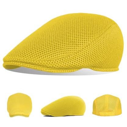 meioro Men's Mesh Flat Cap Summer Breathable Newsboy Hats Beret Ivy Cap Gatsby Irish Cabbie Driving Hat Full Head Wrap - color: Yellow