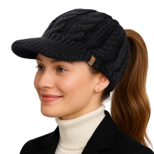 ChicPony™ Merino Wool Visor Ponytail Beanie with Brim Fleece Lined 3 Bun Openings Hole Warm Windproof Knit Cap Winter Hat - color: Classic Black(pony)