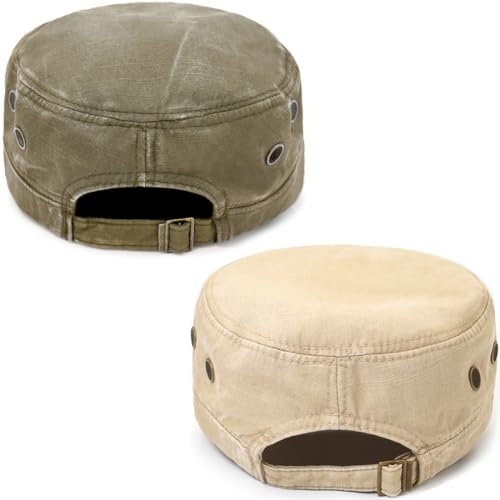 Cadet Army Hat 2 Pieces Flat Top Cap Unisex Military Hat for Women Men - color: Army Green E + Beige E