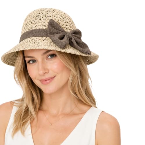 Straw Sun Hat for Women, Foldable Wide Brim Straw Bucket Hats with Adjustable Drawstring & Bow - color: Beige
