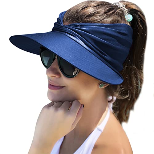 Muryobao Womens Sun Visor Hat Wide Brim Summer UPF 50+ UV Protection Beach Sport Cap - color: Navy Blue