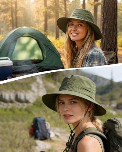 Womens Ponytail Sun Hat UPF50+ Waterproof Bucket Hat Packable Beach Hat - color: Army Green