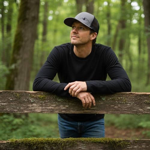 LINDO Trucker Hat [ Great Outdoors Design ] for Men and Women: Mid Profile Cap with Breathable Mesh Back and Adjustable Snap - color: Gray/Black