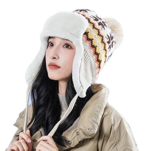 Women Winter Beanie Hat Thick Fleece Lined Warm Earflap Trapper Hat Pom Pom Jacquard Knited Outdoor Ski Snow Cap - color: Style 2-beige