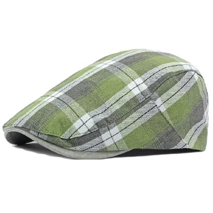 Mens Plaid Newsboy Flat Cap Ivy Gatsby Driving Hunting Cabbie Hat - color: Green-plaid a