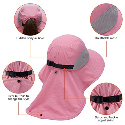 BASSDASH UPF 50+ Unisex Water Resistant Wide Brim Sun Hat with Large Neck Flap Ponytail Fishing Hat for Men Women - color: Pink