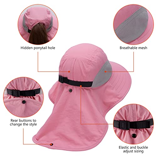 BASSDASH UPF 50+ Unisex Water Resistant Wide Brim Sun Hat with Large Neck Flap Ponytail Fishing Hat for Men Women - color: Pink