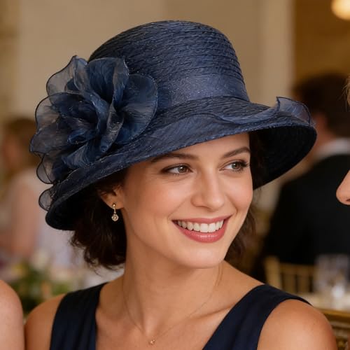Organza Kentucky Fascinator Hat for Women - Derby Cocktail Tea Party Sun Hat Wedding Bridal Flower Church Hat Packable - color: Dark Navy