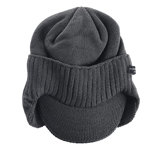 Ruphedy Mens Beanie with Brim Winter Hat Knitted Thick Fleece Visor Beanie - color: B323-grey