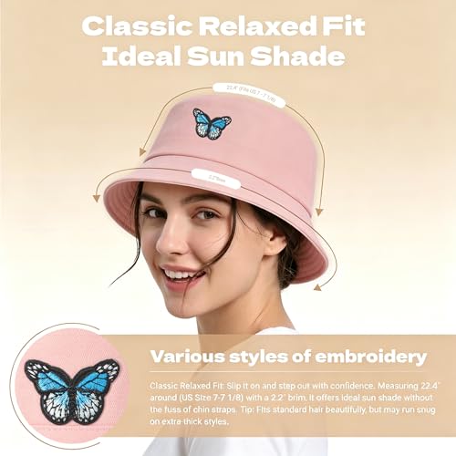 ZLYC Cotton Bucket Hat for Women Men Embroidered Packable Summer Sun Cap - color: Butterfly Pink