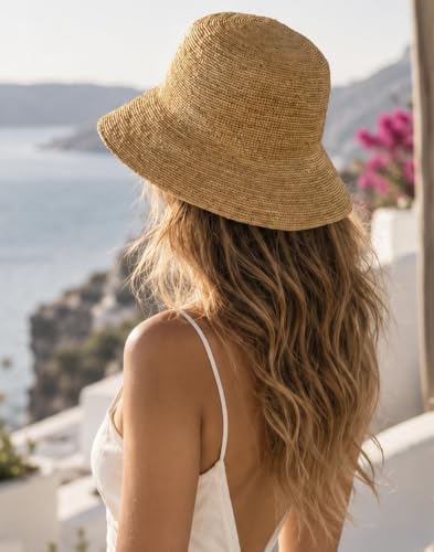 Natural Raffia Straw Bucket Hat for Women Sun Beach Handmade Raffia Woven Bucket Hat Foldable Summer Cap - color: Natural Raffia 3.1“8cm