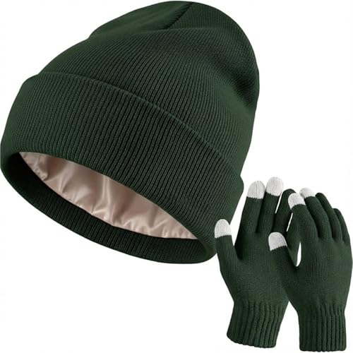 Geyoga Beanie and Touchscreen Gloves Set for Women Men Unisex Winter Knitted Hat Skull Cap Warm Gloves with Knit Fleece Lined - color: Army Green