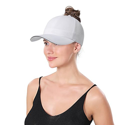 ZTL Womens High Ponytail Baseball Cap Performance Mesh Hat, Lightweight Quick Dry Race Day Running Hat with Reflective Trim - color: White