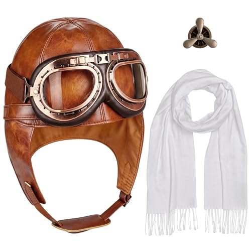 Horolam Aviator Costume Accessories, Vintage Aviator Hat with Goggles Scarf Leather Pilot Cap for Adult Halloween Party - color: Caramel