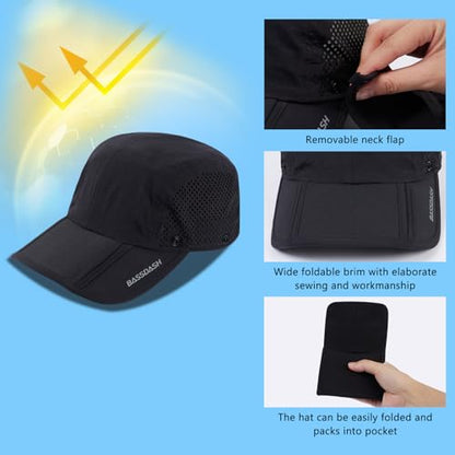 BASSDASH UPF 50+ Fishing Hat, Baseball Cap with Removable Neck Flap - color: Black With Foldable Brim