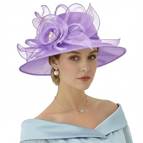 AQOKKA Women Organza Church Fascinators Kentucky Derby Hats for Women and Girls Wedding Flower Tea Party Hat with Wide Brim - color: Organza Rose : Purple