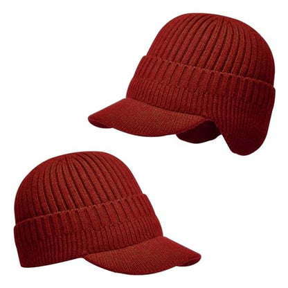 Men's Winter Hat with Brim, Warm Earflaps Hat for Men, Thick Fleece Lined Knit Winter Beanie Outdoor - color: Claret