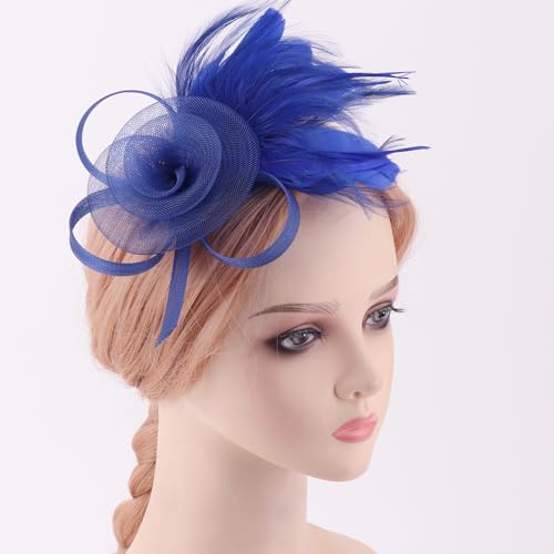 DRESHOW Fascinators Hats for Women Tulle Feather Tea Party Fascinator Hats - color: Sapphire Blue