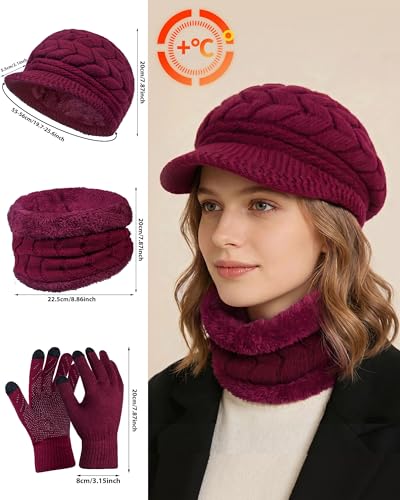 Loritta 3 in 1 Womens Winter Hat Gloves Scarf Set, Warm Hat Mittens - color: Wine