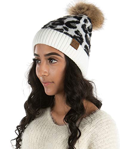 Funky Junque Women’s Pom Pom Beanie – Soft Knit Winter Hat for Women & Teens, Leopard & Zebra Fashion Animal Print Beanies - color: Leopard - Ivory