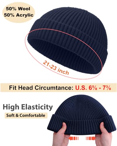 Short Fisherman Beanie for Men Women Wool Knit Cuff Winter Hats - color: 1pcs-navy Blue