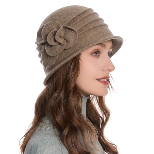 ZLYC Women Wool Cloche Bucket Hat 1920s Vintage Winter Hat with Flower - color: Rose Tan