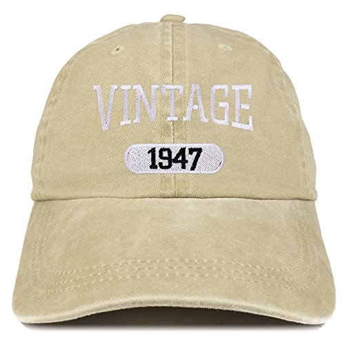 Trendy Apparel Shop Vintage 1947 Embroidered 78th Birthday Soft Crown Washed Cotton Cap - color: Khaki