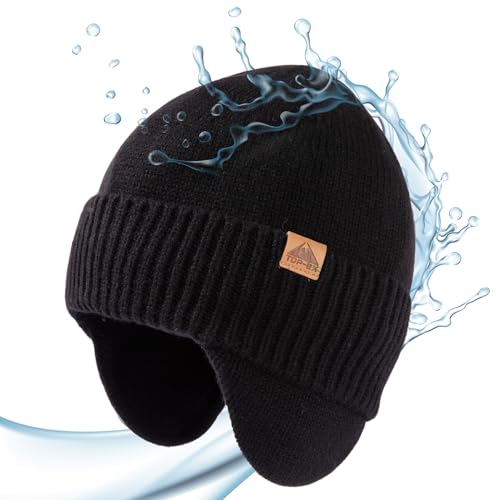 TOP-EX DryKnit™ 80% Merino Wool Waterproof Ear Flap Beanie M/L/XL - color: Black, size: Medium-Large