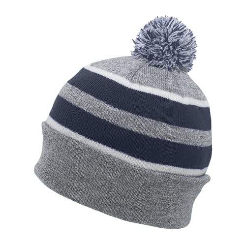 Pacific Headwear Unisex Adult Pacific Headwear Knit Fold Over Pom-pom Beanie - color: Heather/Navy/White, size: One Size
