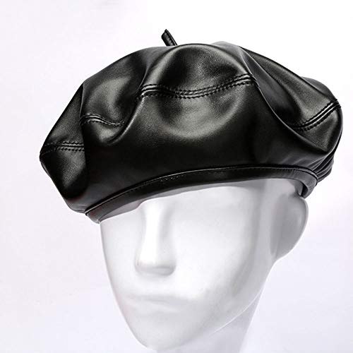 Women Soft PU Leather Beret French Style Artist Painter Hat with Top Stem - color: Black