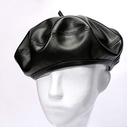Women Soft PU Leather Beret French Style Artist Painter Hat with Top Stem - color: Black01