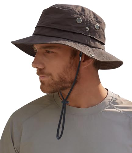 Hat Hut Mens Waterproof Bucket Rain Hat, UPF50+ Sun Hat, Wide Brim, Packable, All-Weather Outdoor Hiking Fishing Hats - color: Coffee