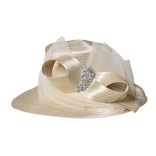 Wedding Bridal Church Party Derby Hats for Women Bow Formal Bowler Hat Wide Brim Fascinator Flat Top Fedora Hats - color: Champagne