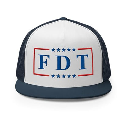 NX FDT Embroidered Flat Bill Trucker Hat High Crown Adjustable FDT Hat - color: Navy/ White/ Navy