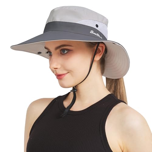 NPJY Ponytail Sun Hats for Women Men Wide Brim UPF Fishing Bucket Hat - color: Lightgrey/Grey(ponytail Hole)