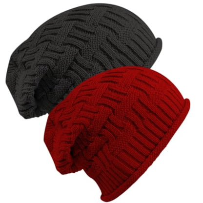 Senker Fashion 2 Pack Winter Beanie Hats for Women, Womens Slouchy Beanies - color: Red Black