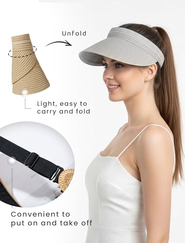 CHUNG Women Visor Sun Hat Paper Straw Wide Brim Adjutable Ponytail Packable Beach Holiday Summer Travel - color: V-light Grey
