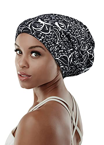 Adjustable Satin Lined Sleep Cap for Dreadlocks Curly Hair Large Head-Stay On Overnight - color: Black Off-white