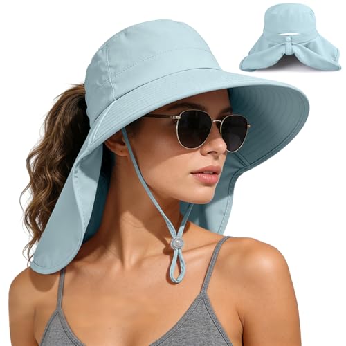 Ruqizhi Sun Hats for Women with Neck Flap Ponytail Hole Women Sun Hats Rollable UV Protection Fishing Hats Wide Brim UPF 50+ - color: Light Blue