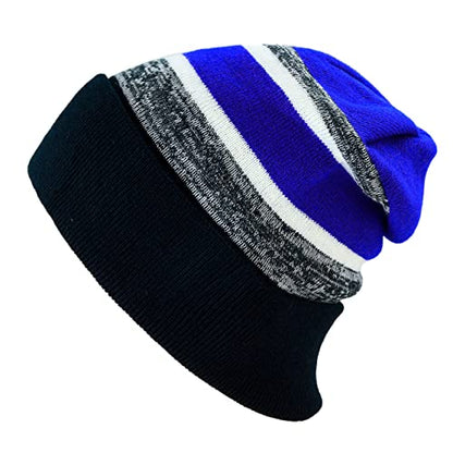 Winter Knit Beanie Hat with Pom Pom – Warm Cuffed Slouch Ski Cap for Men & Women - color: 2.black and Royal