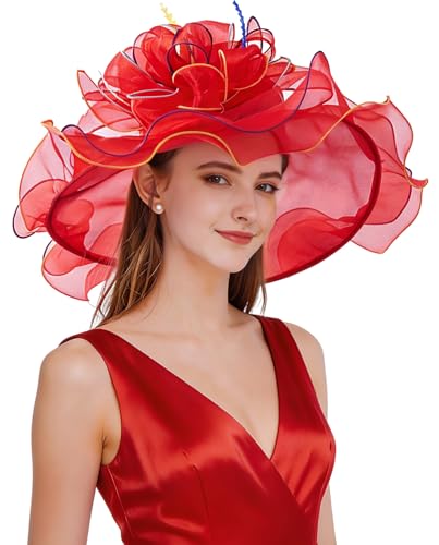 Z&X Women Organza Church Derby Hat Wide Brim Sun Hats for Wedding Tea Party Fascinator Hat, Dual-use - color: 1901- Red