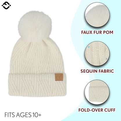Funky Junque Women’s Pom Pom Beanie – Soft Knit Winter Hats for Women & Teens, Warm Fashionable Beanie with Faux Fur Poms - color: Ivory - Sequin