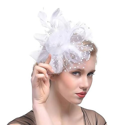 JUNBESTN Fascinators Hat Tea Party Headwear for Women Flower Mesh Feathers Headband - color: White