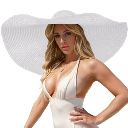 Oversized Beach Hat Women, Extra Wide Brim Foldable Straw Floppy Sun Hat - color: White