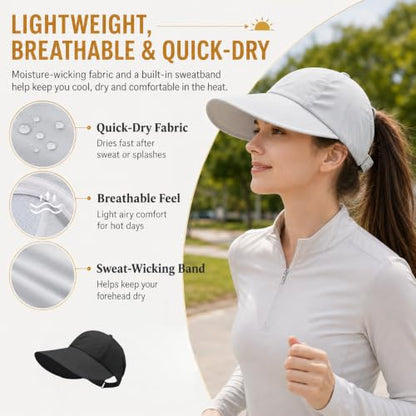 2 Pack UPF 50+ Sun Visor Hats for Women, Wide Brim Ponytail Baseball Cap, Foldable UV Protection Beach Hiking Hat